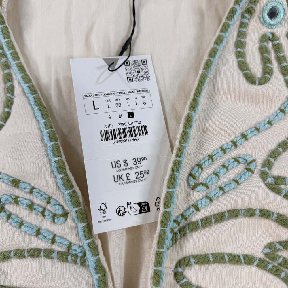 Zara Ecru Women Embroidered Floral Mirror Vest Cream Green Blue Cotton NWT Large - Picture 4 of 12